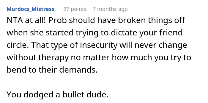 Text exchange discusses breaking off engagement due to insecurity, advice given to fiancé on dodging a bullet. Text exchange discusses breaking off engagement due to insecurity, advice given to fiancé on dodging a bullet.