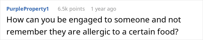 Comment questioning how a fiancée could forget their partner's food allergy, sparking reconsideration over a sandwich.