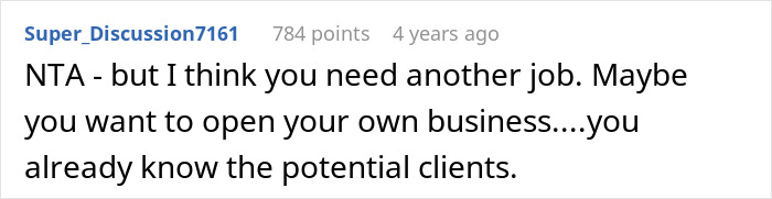 Reddit comment suggesting a woman on maternity leave open her own business, referencing potential clients. Reddit comment suggesting a woman on maternity leave open her own business, referencing potential clients.