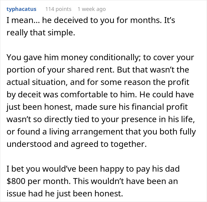 Comment discussing deception in relationship regarding secretly pocketed rent money. Comment discussing deception in relationship regarding secretly pocketed rent money.