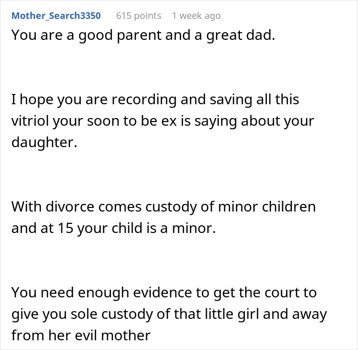 Comment supporting dad defending bi daughter amid wife threatening divorce, discussing custody and family conflict.