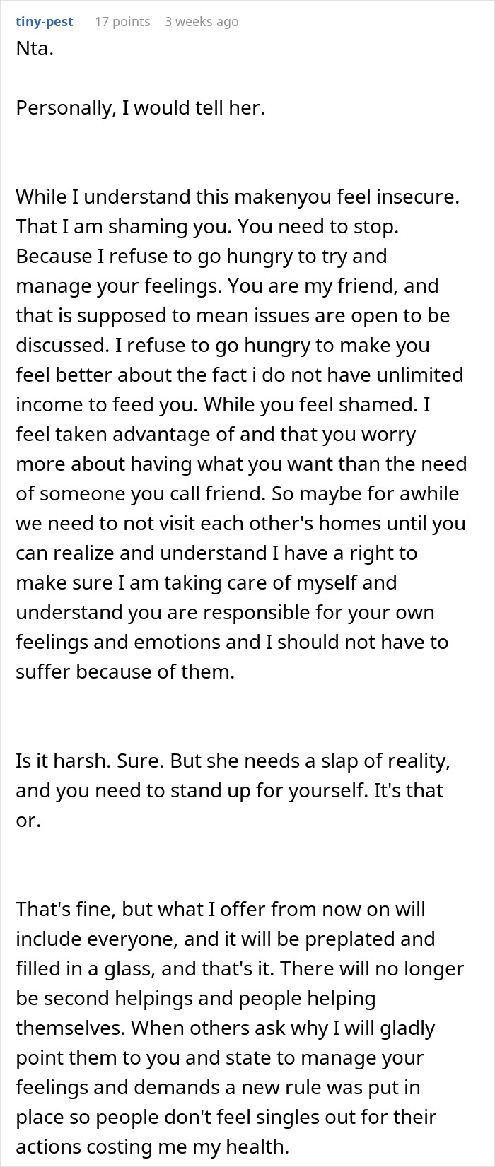 Text exchange discussing a woman's confrontation with a friend over eating $60 of groceries regularly. Text exchange discussing a woman's confrontation with a friend over eating $60 of groceries regularly.
