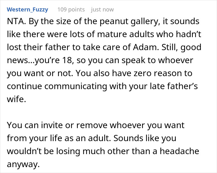 Reddit comment advising a teen about boundaries with a stepmom during a difficult time. Reddit comment advising a teen about boundaries with a stepmom during a difficult time.
