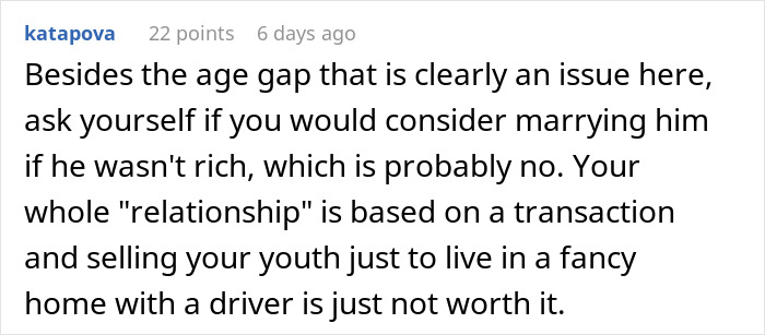 Comment questioning the motives in a sugar daddy relationship, mentioning age gap and financial transaction. Comment questioning the motives in a sugar daddy relationship, mentioning age gap and financial transaction.