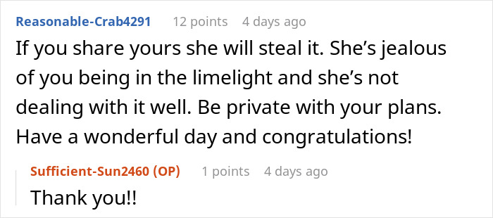 Reddit comment discussing sibling wedding clash, with advice on maintaining privacy and congratulating the poster. Reddit comment discussing sibling wedding clash, with advice on maintaining privacy and congratulating the poster.