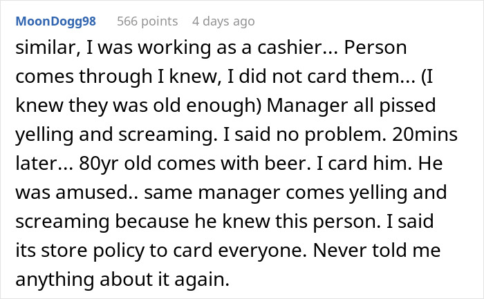 Text from reddit user about a grocery store employee strictly following carding policy, surprising the manager. Text from reddit user about a grocery store employee strictly following carding policy, surprising the manager.