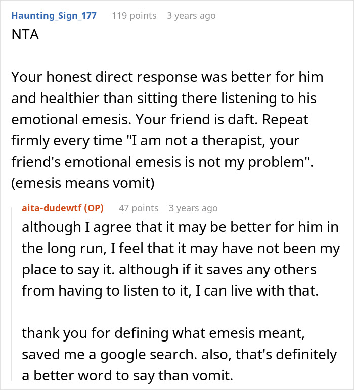 Reddit comments discussing a woman's response saying, "I'm not a therapist," after a guy overshared. Reddit comments discussing a woman's response saying, "I'm not a therapist," after a guy overshared.