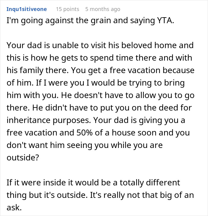 Text discussion about turning off vacation house security cameras and elderly father's involvement. Text discussion about turning off vacation house security cameras and elderly father's involvement.