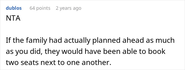 Reddit comment defending woman who booked two plane seats, mentioning planning ahead. Reddit comment defending woman who booked two plane seats, mentioning planning ahead.