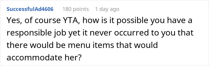 Comment criticizing a manager for excluding a coworker from a BBQ due to her diet. Comment criticizing a manager for excluding a coworker from a BBQ due to her diet.