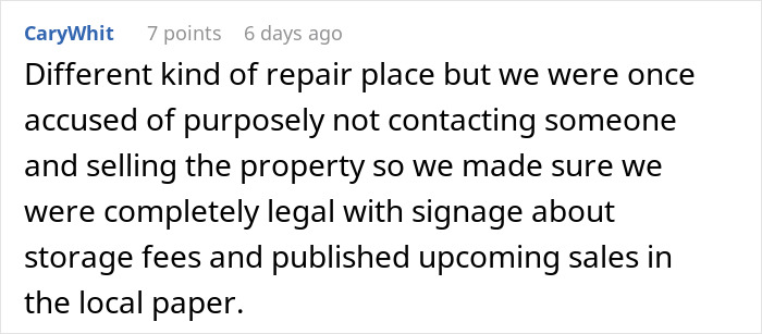 Text about a repair place taking legal steps with signage and local paper notices regarding unclaimed property sale. Text about a repair place taking legal steps with signage and local paper notices regarding unclaimed property sale.