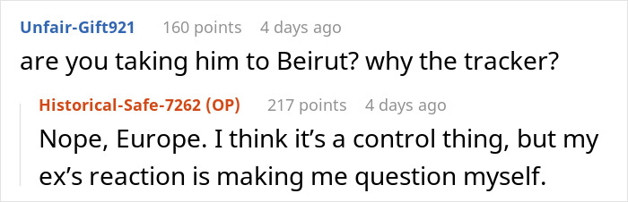 Online discussion about mom planning Europe trip with 8-year-old son and ex demanding AirTag to track the child’s location.