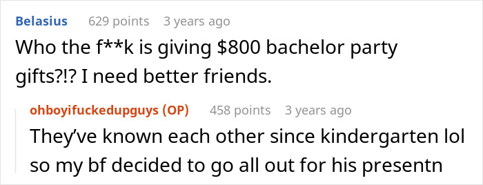Comments discussing expensive bachelor party gifts and friendship. Comments discussing expensive bachelor party gifts and friendship.