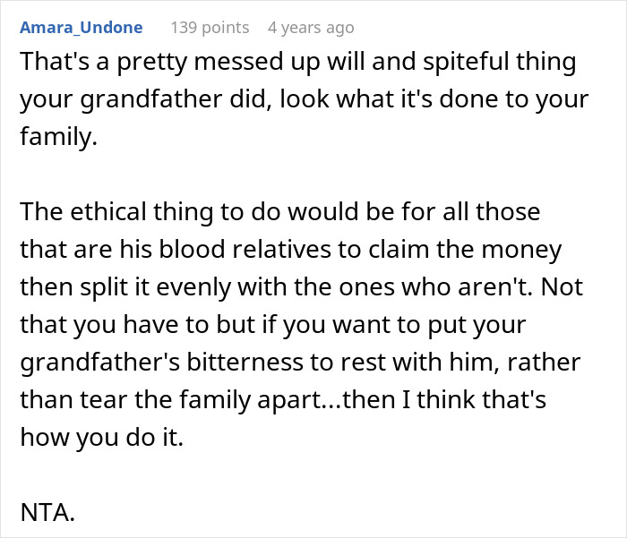 Text comment discussing grandpa's will causing family conflict over inheritance ethics. Text comment discussing grandpa's will causing family conflict over inheritance ethics.