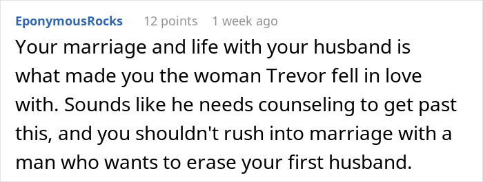 Online comment about tattoo from late husband impacting future marriage. Online comment about tattoo from late husband impacting future marriage.