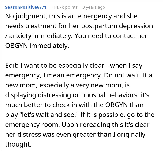 Text from Reddit post about postpartum emergency related to newborn care and wife’s mental health. Text from Reddit post about postpartum emergency related to newborn care and wife’s mental health.