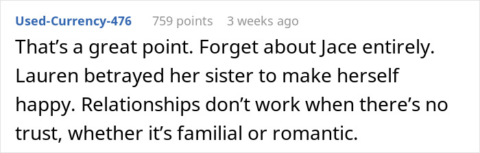 Comment on sisterly betrayal in a relationship conflict, highlighting trust issues. Comment on sisterly betrayal in a relationship conflict, highlighting trust issues.