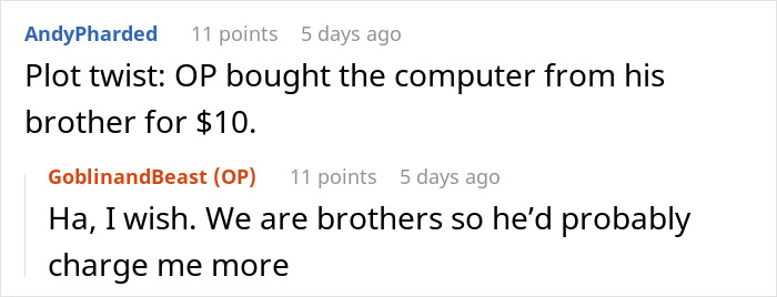 Text discussion about a student’s laptop being sold after months, mentioning a humorous plot twist about a brother's deal. Text discussion about a student’s laptop being sold after months, mentioning a humorous plot twist about a brother's deal.