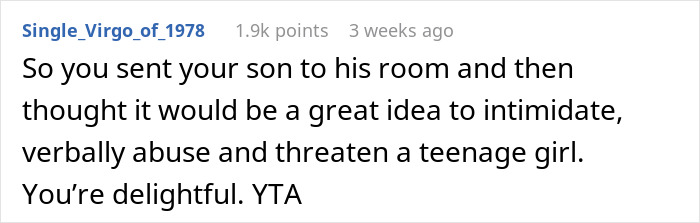 Comment by Single_Virgo_of_1978 criticizing a dad for banning son from seeing girlfriend due to slipping grades. Comment by Single_Virgo_of_1978 criticizing a dad for banning son from seeing girlfriend due to slipping grades.
