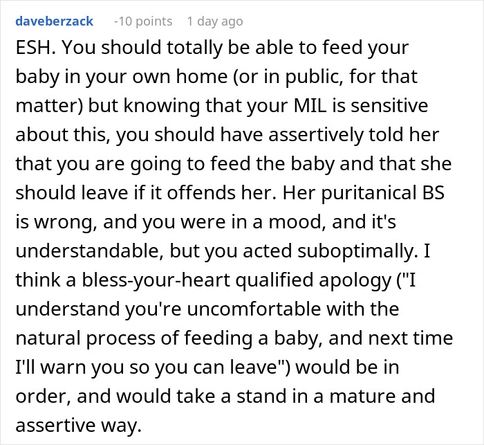 Text comment discussing a woman's assertiveness in breastfeeding, considering sensitive family dynamics. Text comment discussing a woman's assertiveness in breastfeeding, considering sensitive family dynamics.