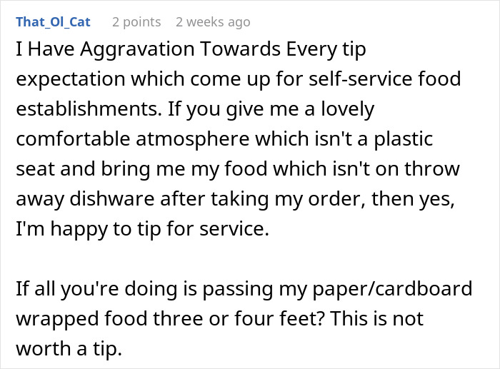 Text expressing frustration with tipping expectations at self-service restaurants. Text expressing frustration with tipping expectations at self-service restaurants.