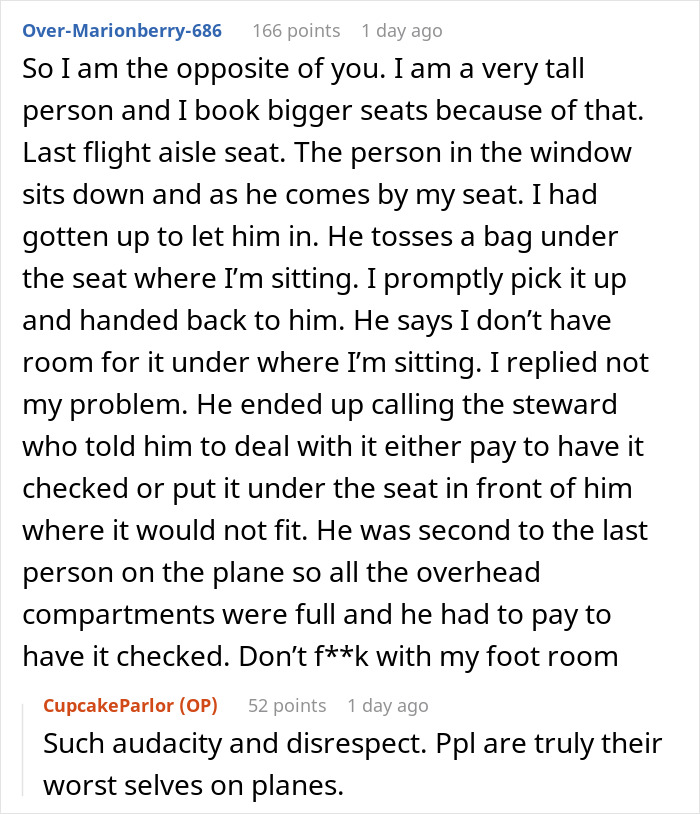 Text exchange on Reddit about a woman's clever revenge on a rude plane passenger. Text exchange on Reddit about a woman's clever revenge on a rude plane passenger.