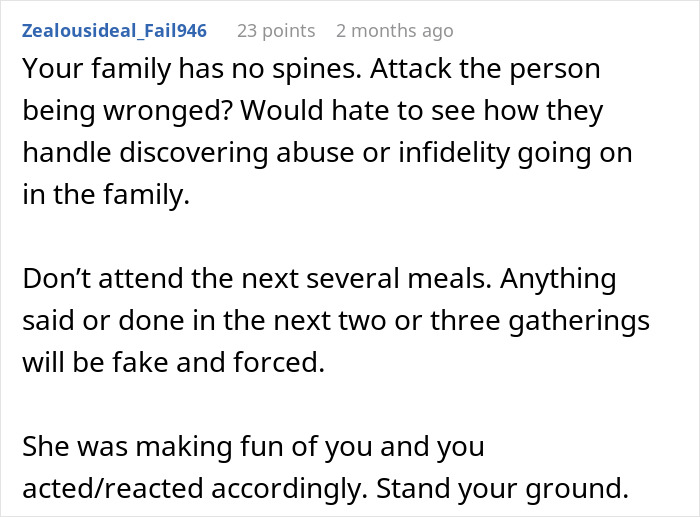 Text post discussing family dynamics, conflict over food, and standing ground in a family disagreement. Text post discussing family dynamics, conflict over food, and standing ground in a family disagreement.