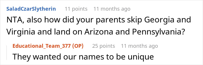 Reddit discussion about unique name choices in a comment thread. Reddit discussion about unique name choices in a comment thread.