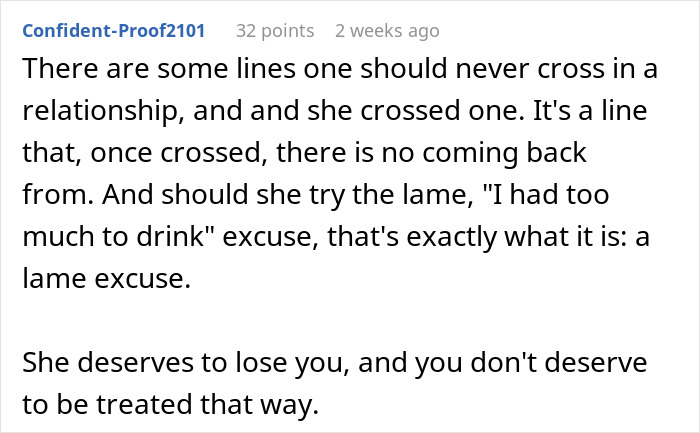 Reddit comment discussing divorce and crossed boundaries after a wife's drunken behavior. Reddit comment discussing divorce and crossed boundaries after a wife's drunken behavior.