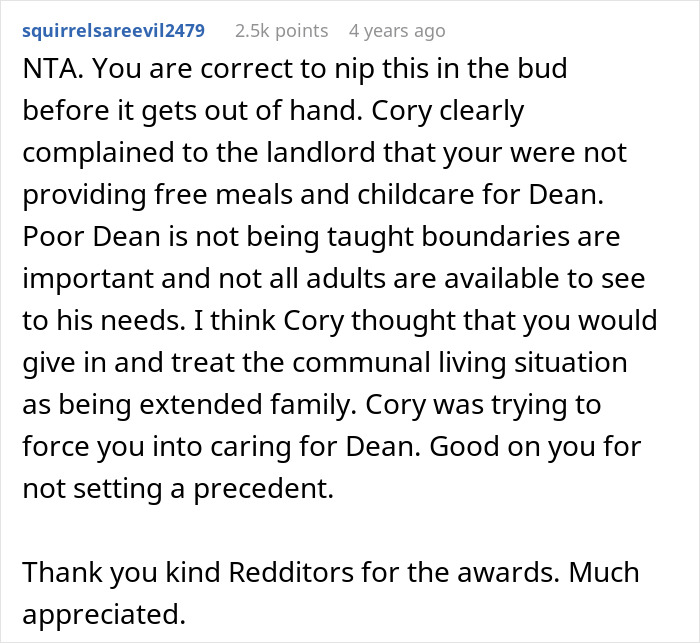 Text discussing boundaries and childcare in communal living, praising decision not to care for housemate's child. Text discussing boundaries and childcare in communal living, praising decision not to care for housemate's child.