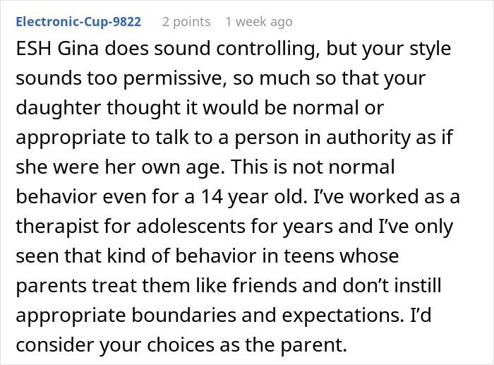 Text comment about teen's behavior and parenting styles in a discussion about boundaries. Text comment about teen's behavior and parenting styles in a discussion about boundaries.