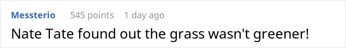 Comment on failed relationship strategy after rejection, captioned "Nate Tate found out the grass wasn't greener! Comment on failed relationship strategy after rejection, captioned "Nate Tate found out the grass wasn't greener!