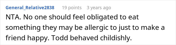 Comment discussing refusal to eat a gluten-free meal and describing a friend's childish behavior. Comment discussing refusal to eat a gluten-free meal and describing a friend's childish behavior.