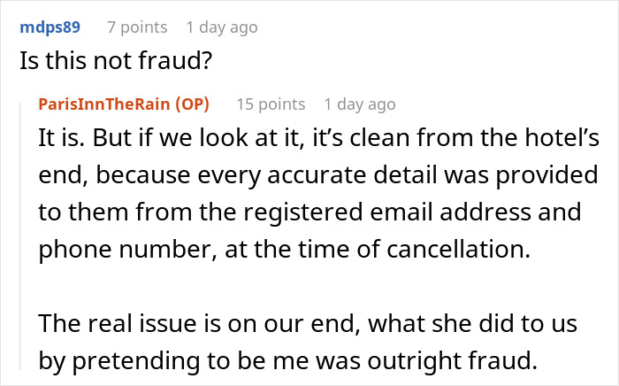 Reddit discussion on MIL canceling honeymoon, user questions fraud and response clarifies the issue with hotel booking details. Reddit discussion on MIL canceling honeymoon, user questions fraud and response clarifies the issue with hotel booking details.