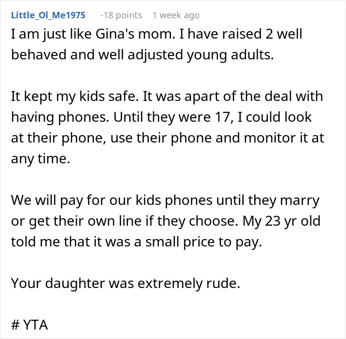 Comment discussing parental phone monitoring and calling a teen's behavior rude. Comment discussing parental phone monitoring and calling a teen's behavior rude.