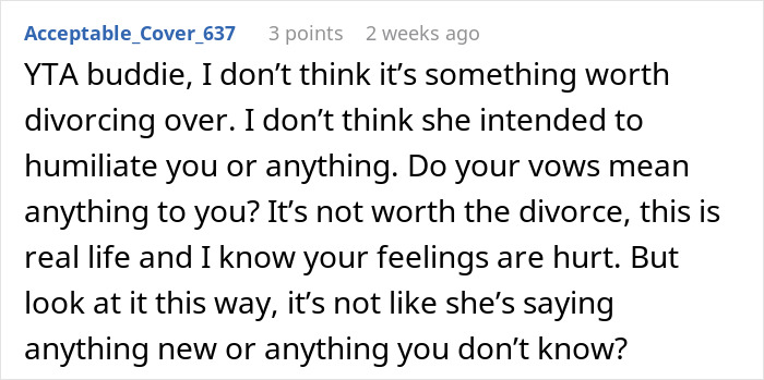 Comment discussing marriage vows and feelings on potential divorce scenario. Comment discussing marriage vows and feelings on potential divorce scenario.