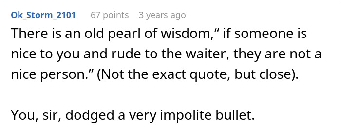 Text comment discussing wisdom about people rude to waitstaff, highlighting a relationship insight. Text comment discussing wisdom about people rude to waitstaff, highlighting a relationship insight.