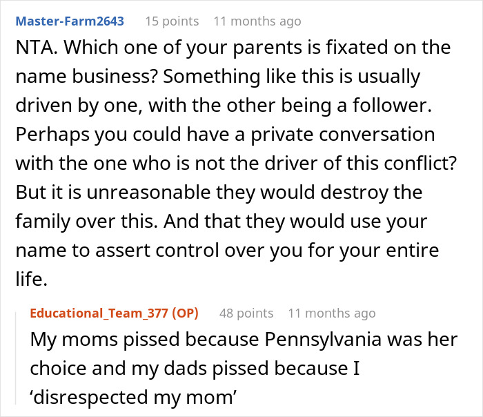 Reddit discussion on secret name change, featuring comments about parental conflicts and personal autonomy. Reddit discussion on secret name change, featuring comments about parental conflicts and personal autonomy.