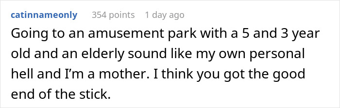 Reddit comment discussing vacation spot situation and parenting challenges. Reddit comment discussing vacation spot situation and parenting challenges.