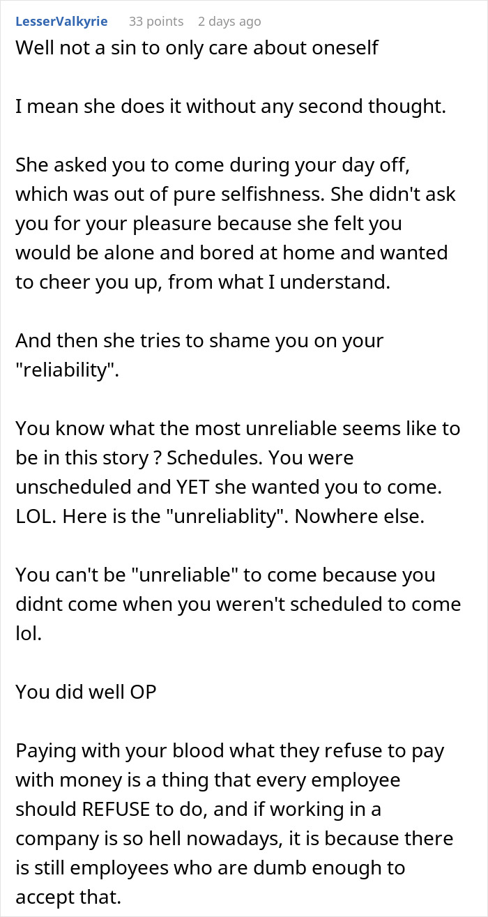 Reddit comment discussing an employee being labeled "not a team player" for not working on a day off. Reddit comment discussing an employee being labeled "not a team player" for not working on a day off.