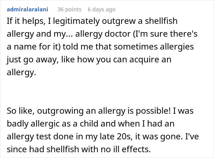 Text discussing outgrowing a shellfish allergy, mentioning allergy doctor's advice and personal experience with allergy tests. Text discussing outgrowing a shellfish allergy, mentioning allergy doctor's advice and personal experience with allergy tests.