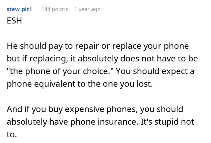 Comment discussing phone repair responsibility, replacement expectations, and advice to have phone insurance.
