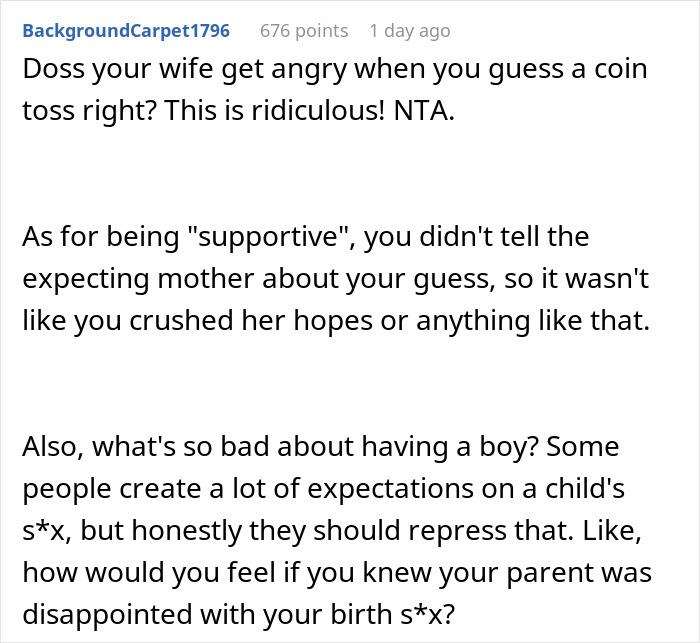 Reddit comment discussing predictions and expectations about the gender of a pregnant friend's baby boy and reactions to it.