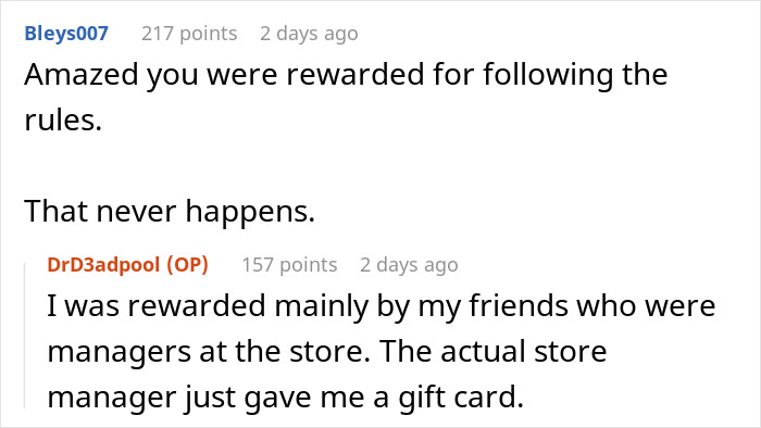 Comments about employee break policy praised and rewarded with a gift card. Comments about employee break policy praised and rewarded with a gift card.