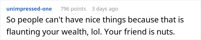 Comment criticizing friend for accusing woman of flexing wealth after buying swing set for her kid. Comment criticizing friend for accusing woman of flexing wealth after buying swing set for her kid.