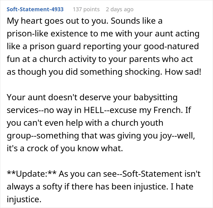 Screenshot of a Reddit comment about an aunt causing drama and the niece refusing to babysit her kids. Screenshot of a Reddit comment about an aunt causing drama and the niece refusing to babysit her kids.