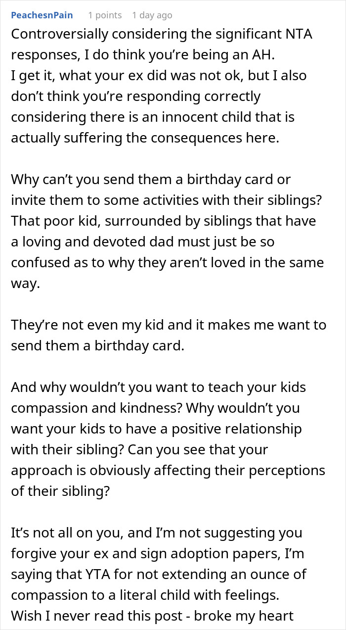 Text conversation about a dad's refusal to support a child from his ex's affair, discussing compassion and sibling relationships. Text conversation about a dad's refusal to support a child from his ex's affair, discussing compassion and sibling relationships.