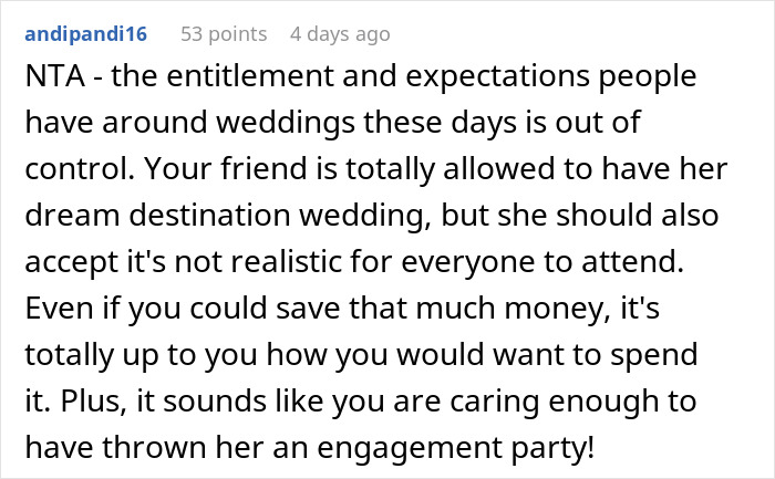 Comment discussing entitlement and expectations around weddings, supporting affordable getaway choice over expensive wedding.
