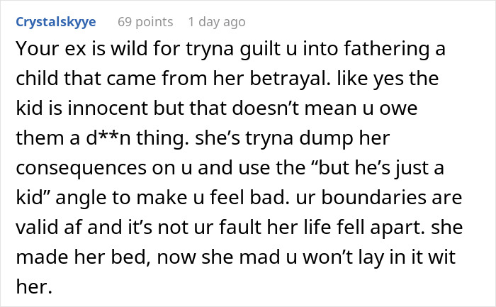 Text image discussing a dad refusing to support a child his ex had through an affair, emphasizing setting boundaries. Text image discussing a dad refusing to support a child his ex had through an affair, emphasizing setting boundaries.