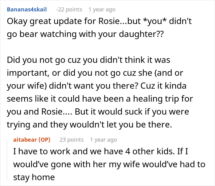Comment exchange about a dad missing a bear watching trip with his daughter who has leukemia, discussing family priorities.